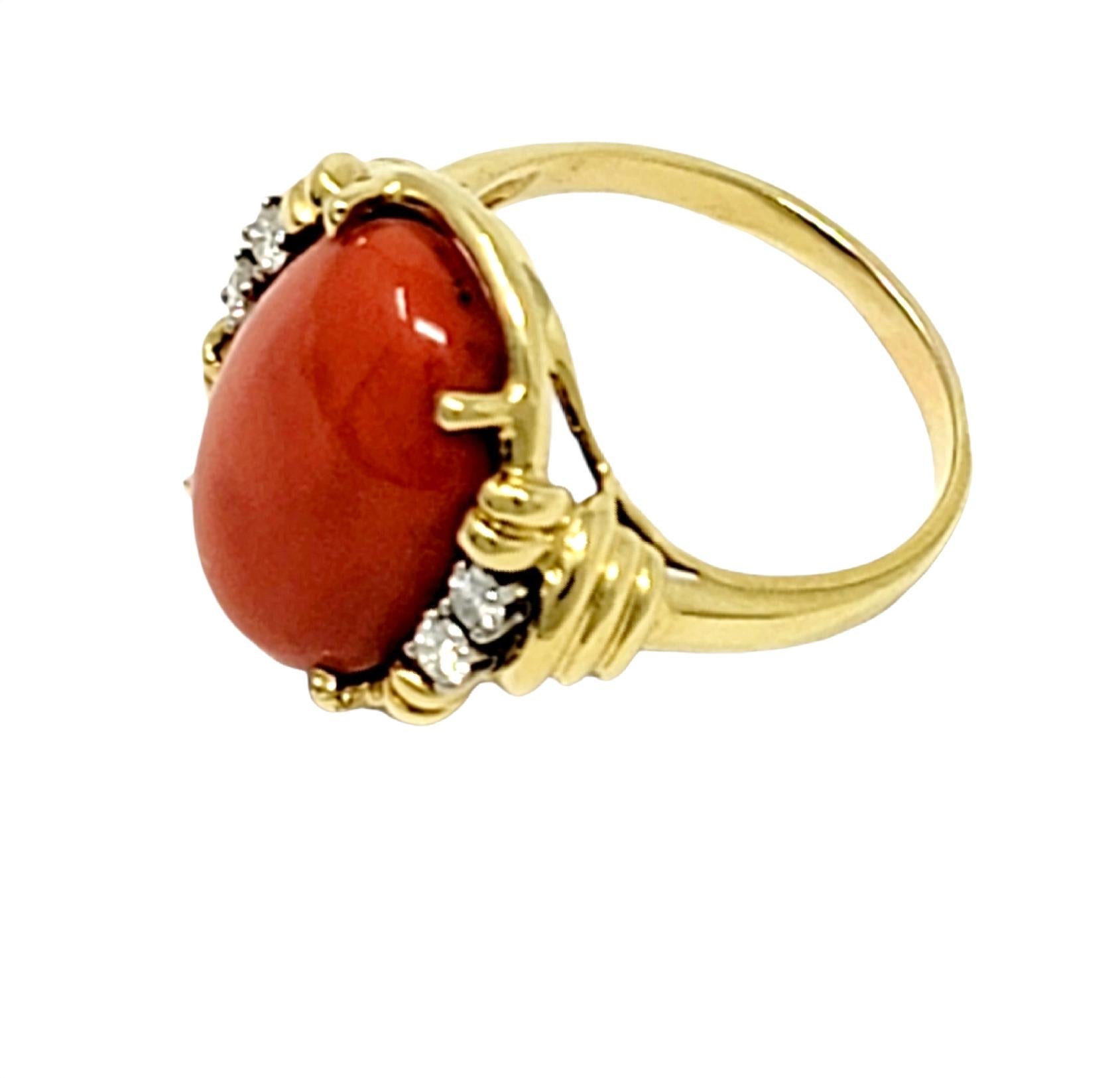 Oval Cut Vintage Oval Coral and Diamond Cocktail Ring 18 Karat Gold 8.42 Carat Total For Sale