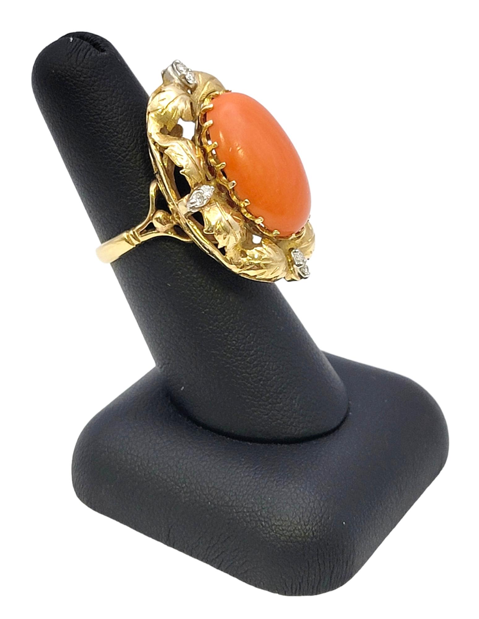 Vintage Oval Coral and Diamond Cocktail Ring 9.72 Carats Total 14 Karat Gold For Sale 4