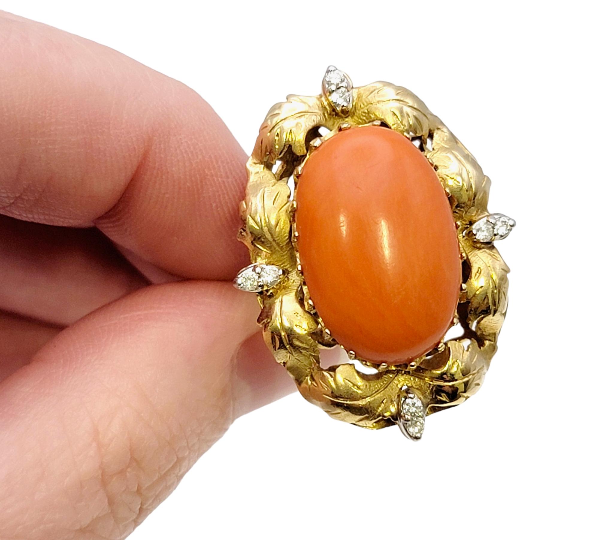 Vintage Oval Coral and Diamond Cocktail Ring 9.72 Carats Total 14 Karat Gold For Sale 5