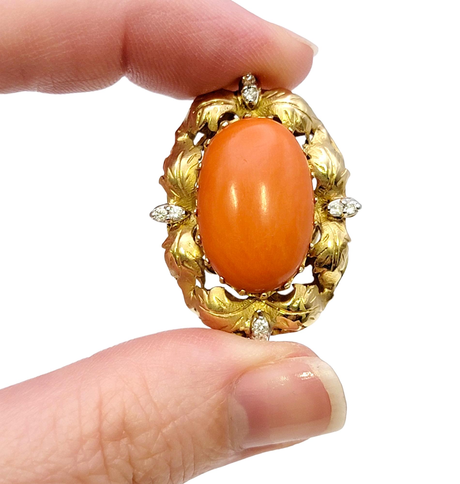 Vintage Oval Coral and Diamond Cocktail Ring 9.72 Carats Total 14 Karat Gold For Sale 6