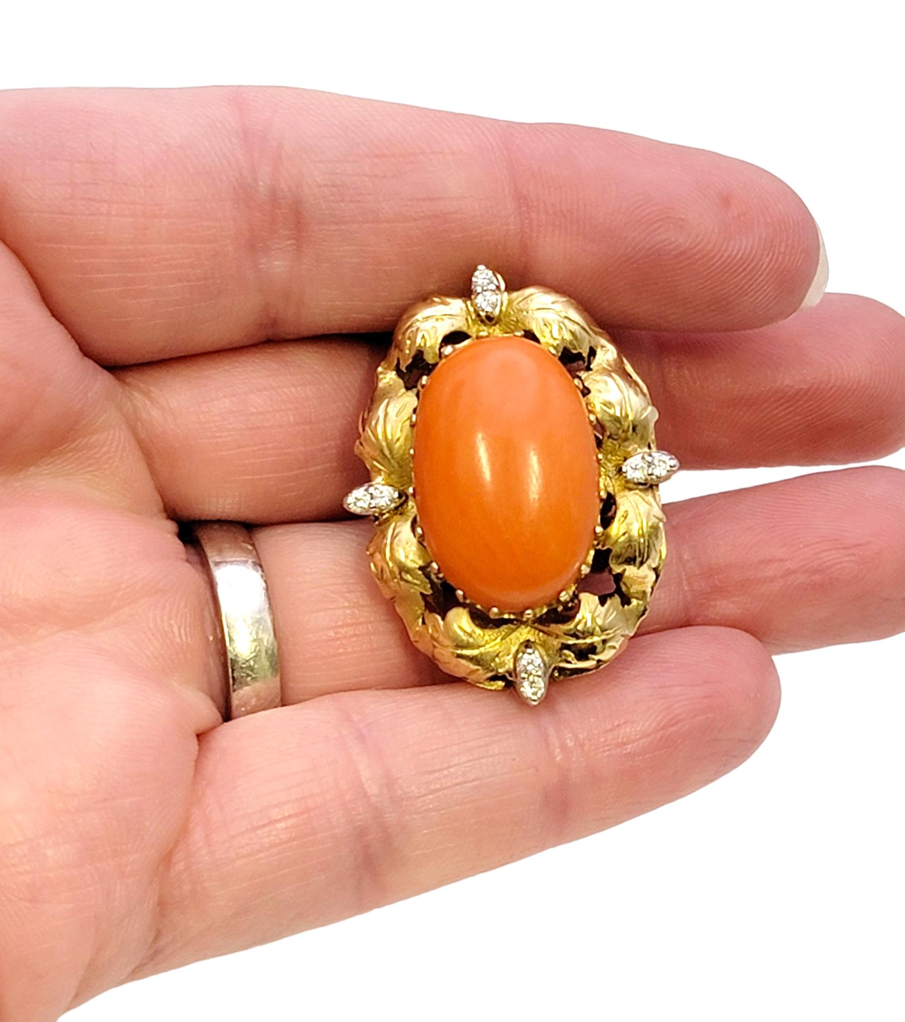 Vintage Oval Coral and Diamond Cocktail Ring 9.72 Carats Total 14 Karat Gold For Sale 7