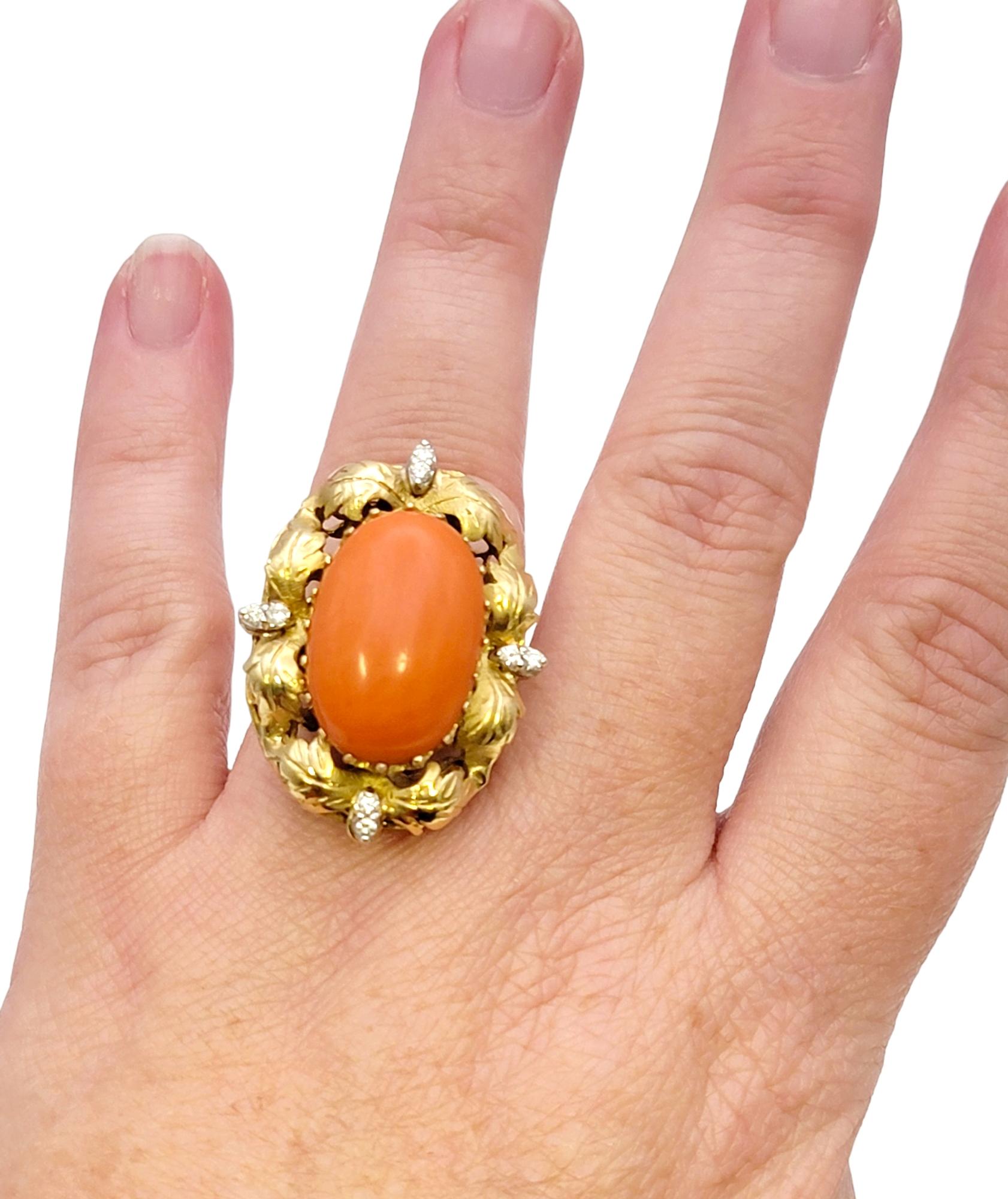 Vintage Oval Coral and Diamond Cocktail Ring 9.72 Carats Total 14 Karat Gold For Sale 8