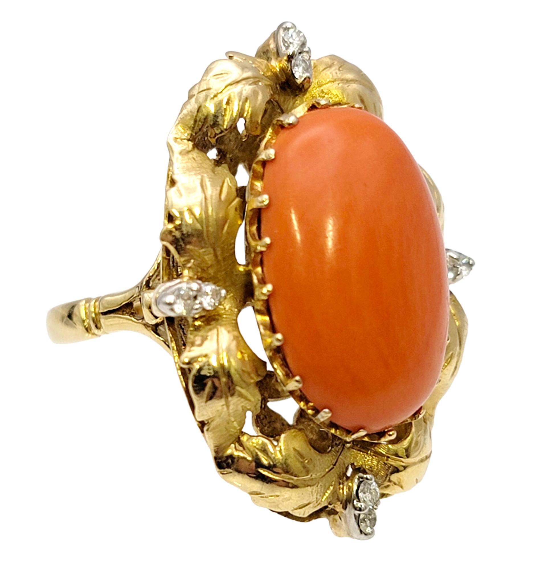 Contemporary Vintage Oval Coral and Diamond Cocktail Ring 9.72 Carats Total 14 Karat Gold For Sale