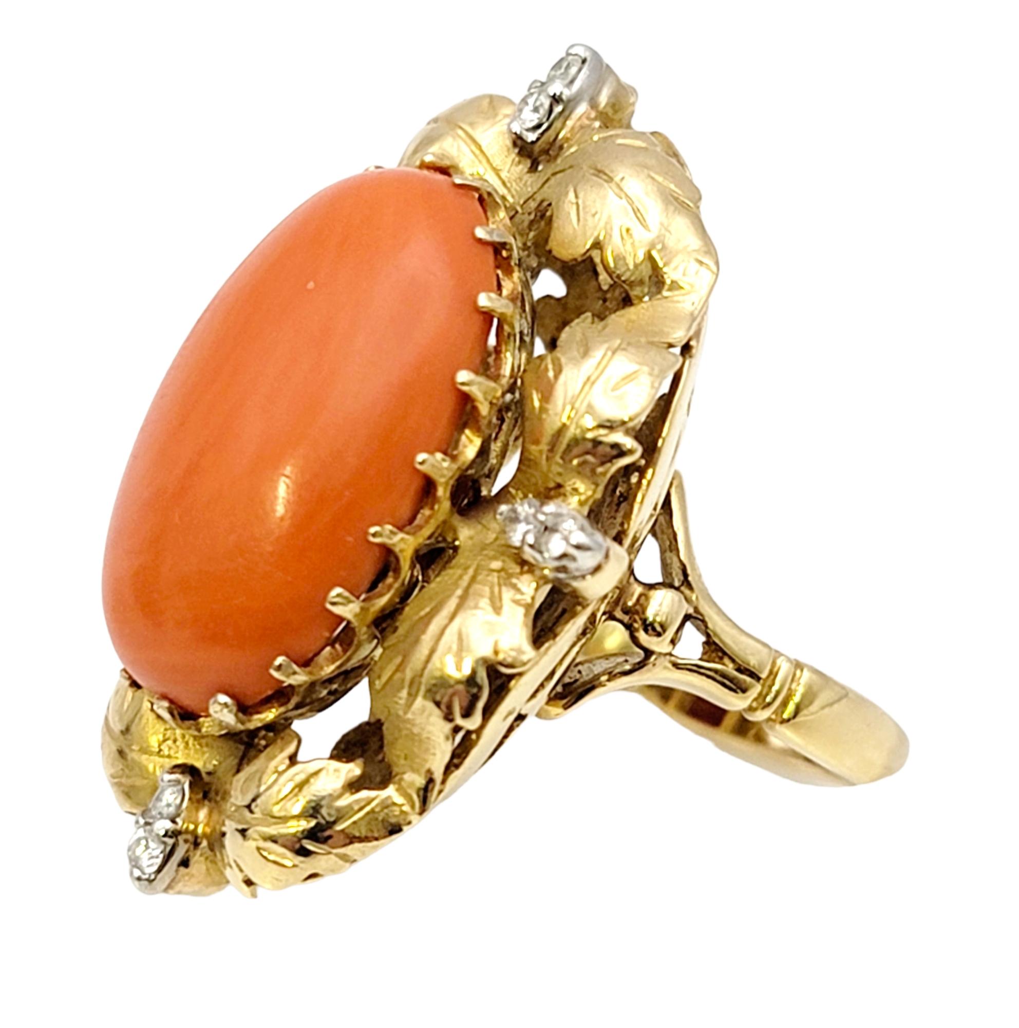 Oval Cut Vintage Oval Coral and Diamond Cocktail Ring 9.72 Carats Total 14 Karat Gold For Sale