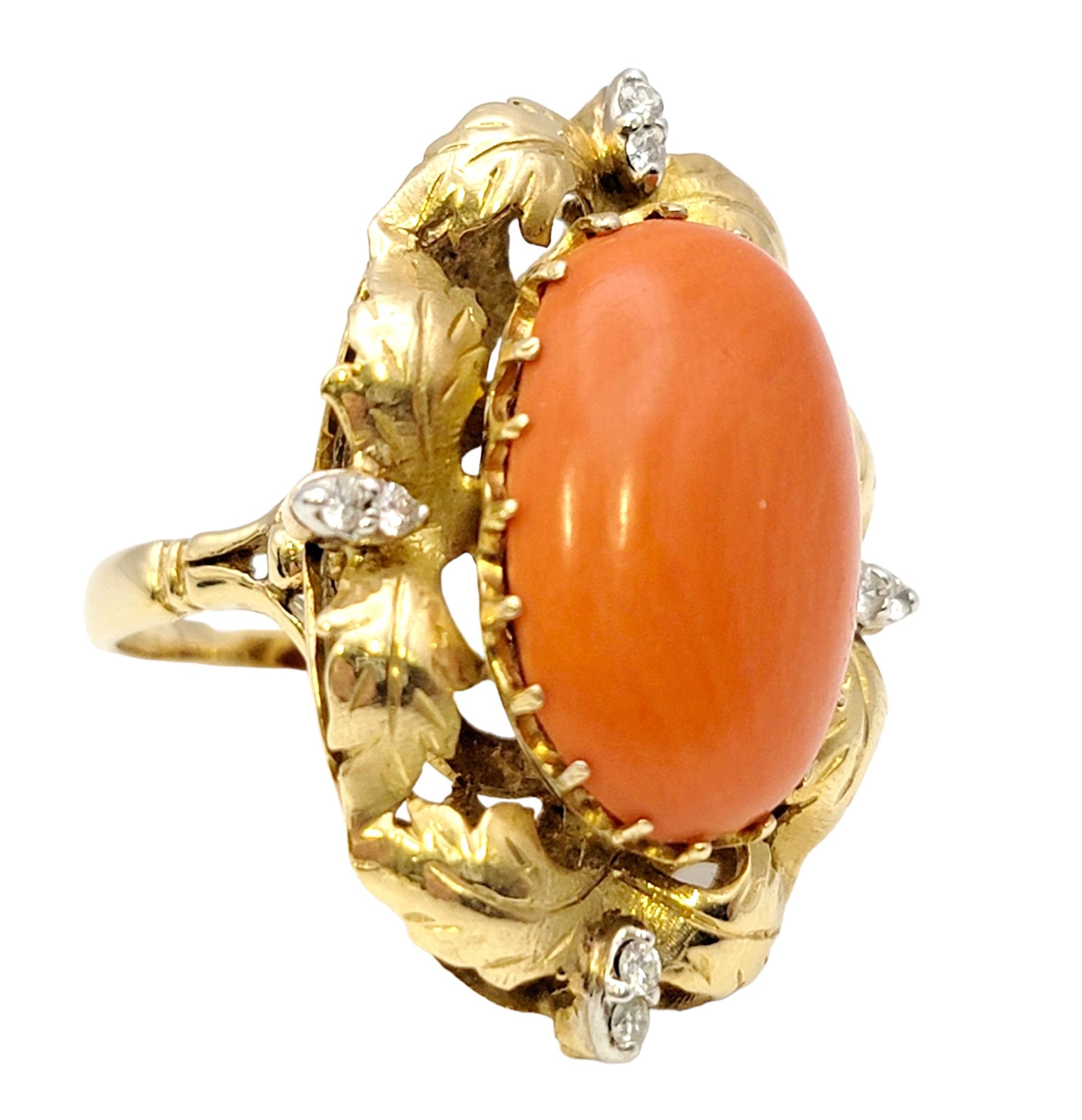 Vintage Oval Coral and Diamond Cocktail Ring 9.72 Carats Total 14 Karat Gold In Good Condition For Sale In Scottsdale, AZ