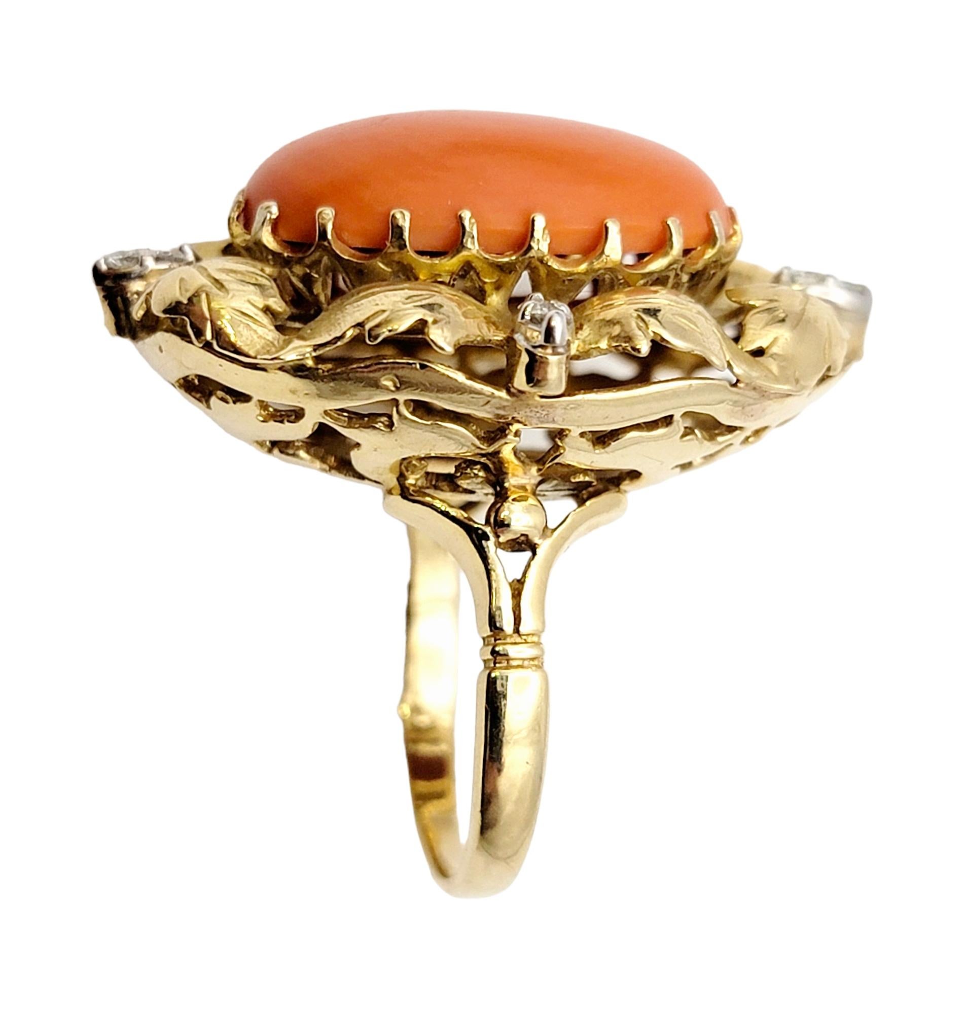 Women's Vintage Oval Coral and Diamond Cocktail Ring 9.72 Carats Total 14 Karat Gold For Sale