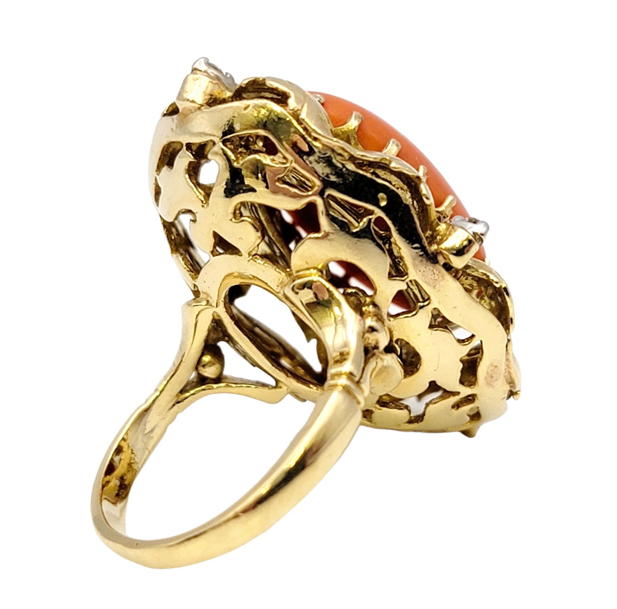 Vintage Oval Coral and Diamond Cocktail Ring 9.72 Carats Total 14 Karat Gold For Sale 1