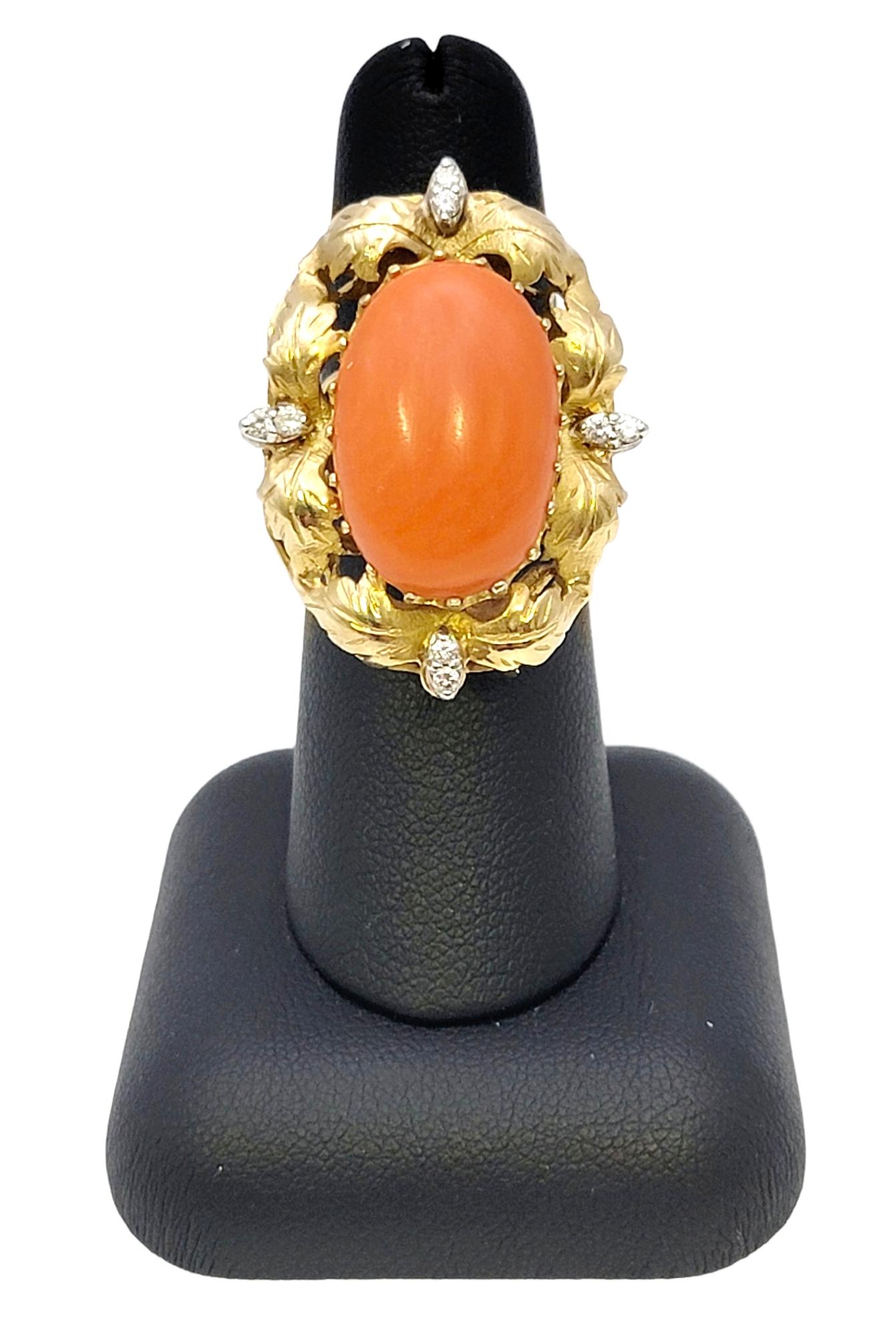 Vintage Oval Coral and Diamond Cocktail Ring 9.72 Carats Total 14 Karat Gold For Sale 3