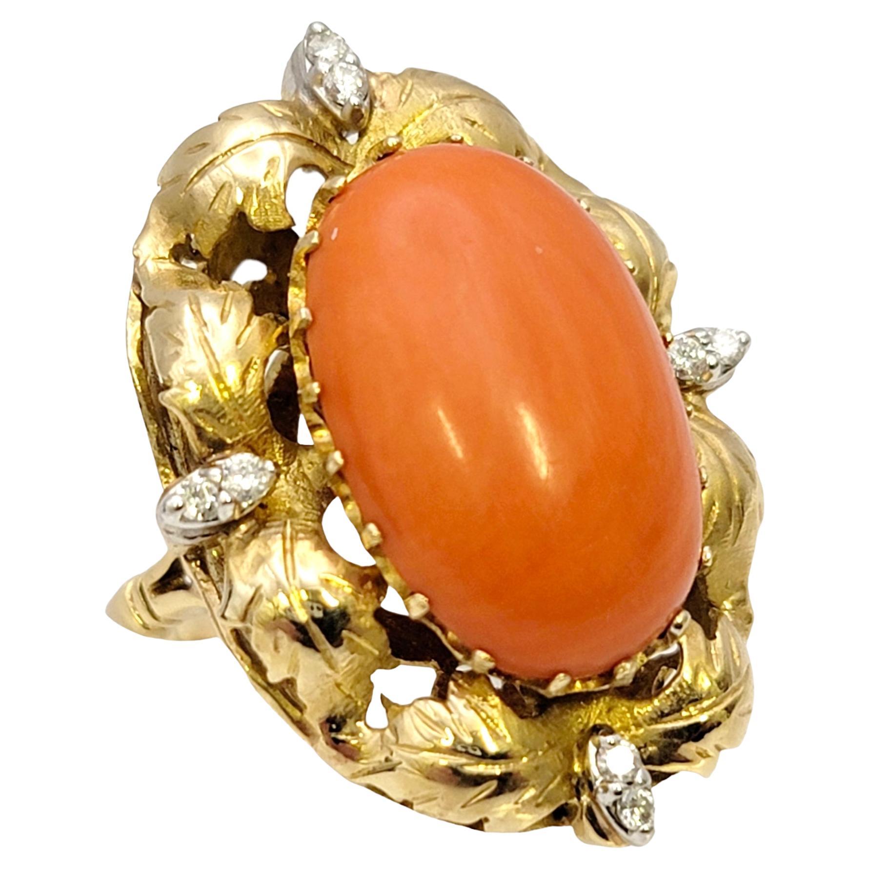Vintage Oval Coral and Diamond Cocktail Ring 9.72 Carats Total 14 Karat Gold For Sale