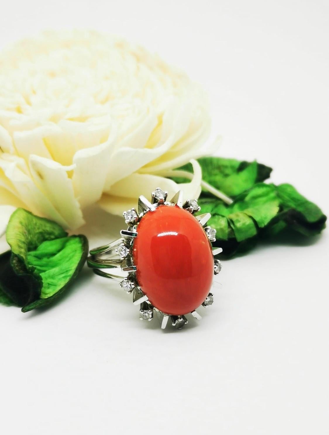 Oval Cut Vintage Oval Coral and Diamond Cocktail Ring For Sale