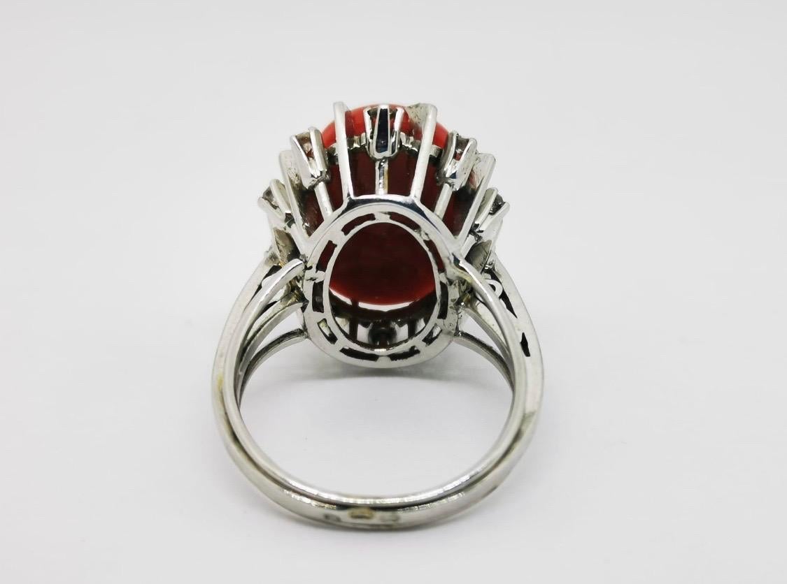 Women's or Men's Vintage Oval Coral and Diamond Cocktail Ring For Sale