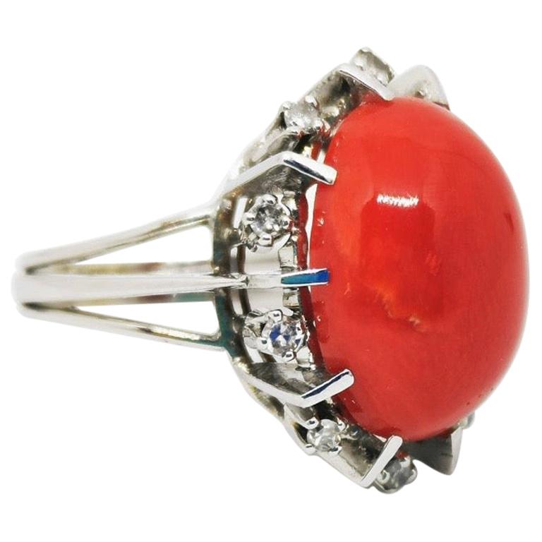 Vintage Oval Coral and Diamond Cocktail Ring For Sale