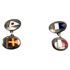 Vintage Oval Cufflinks in Silver with Enameled Nautical Flags A, H, R
