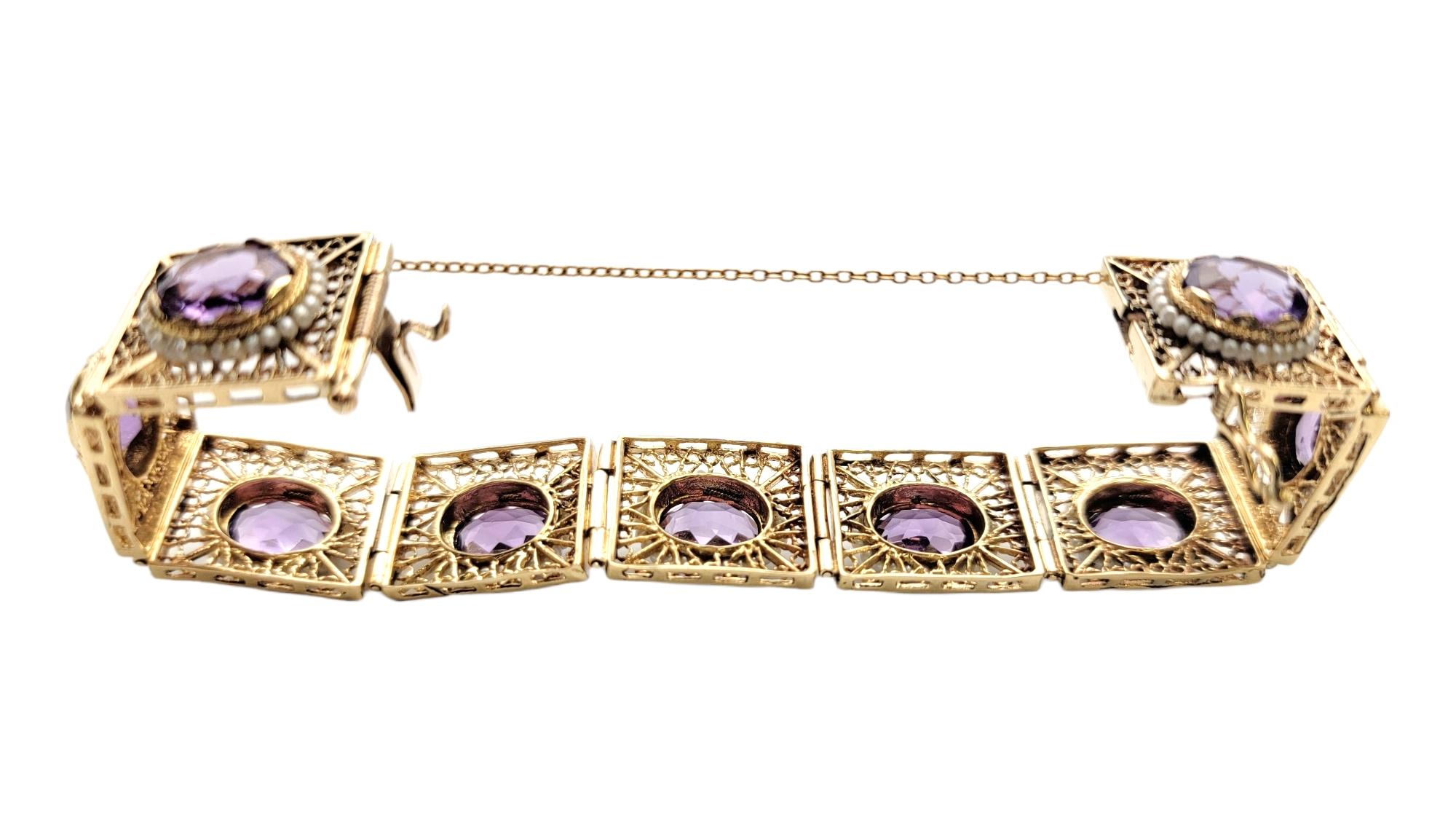 Contemporary Vintage Oval Cut Amethyst and Seed Pearl Halo Filigree Rectangle Link Bracelet