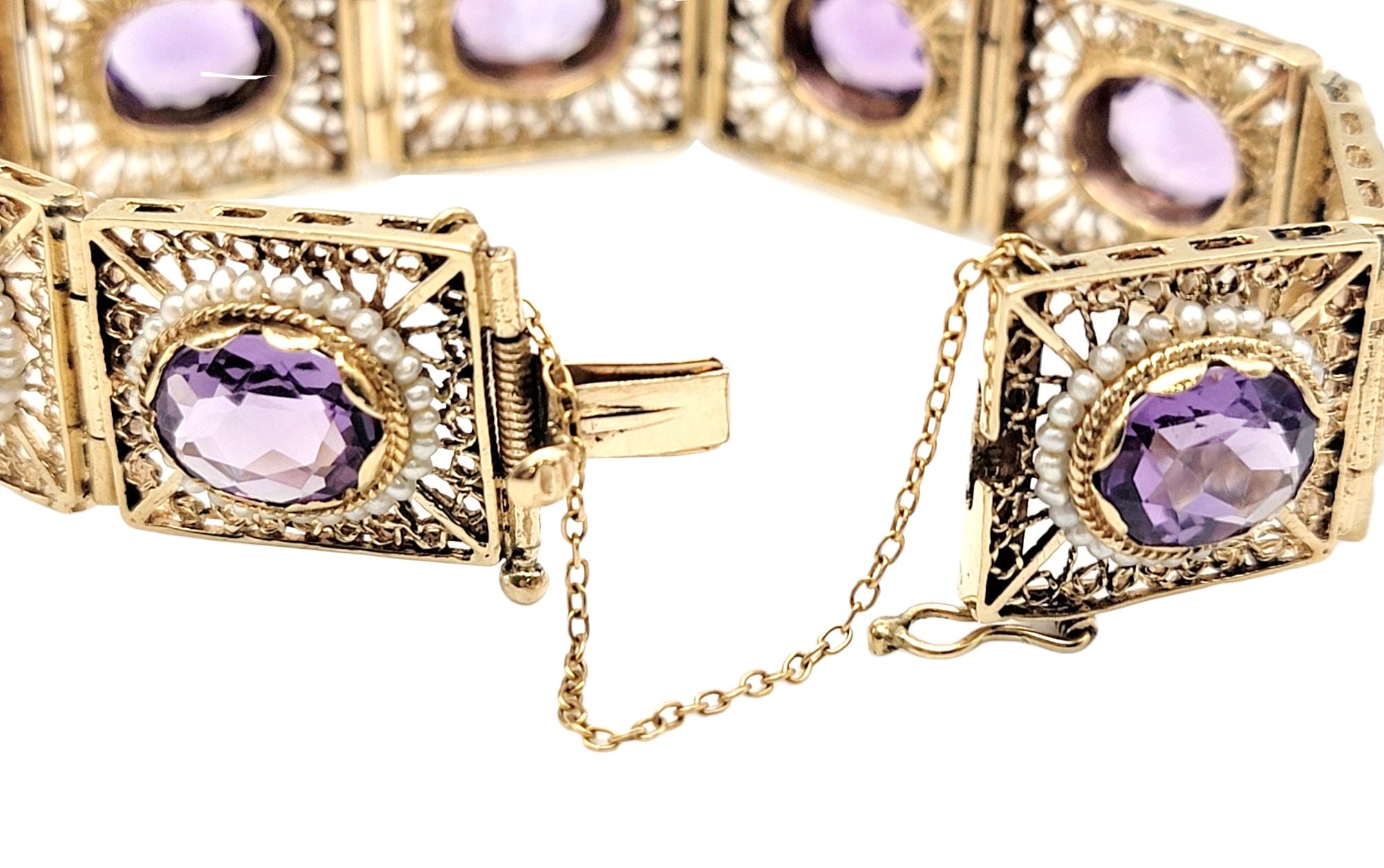 Vintage Oval Cut Amethyst and Seed Pearl Halo Filigree Rectangle Link Bracelet In Good Condition In Scottsdale, AZ
