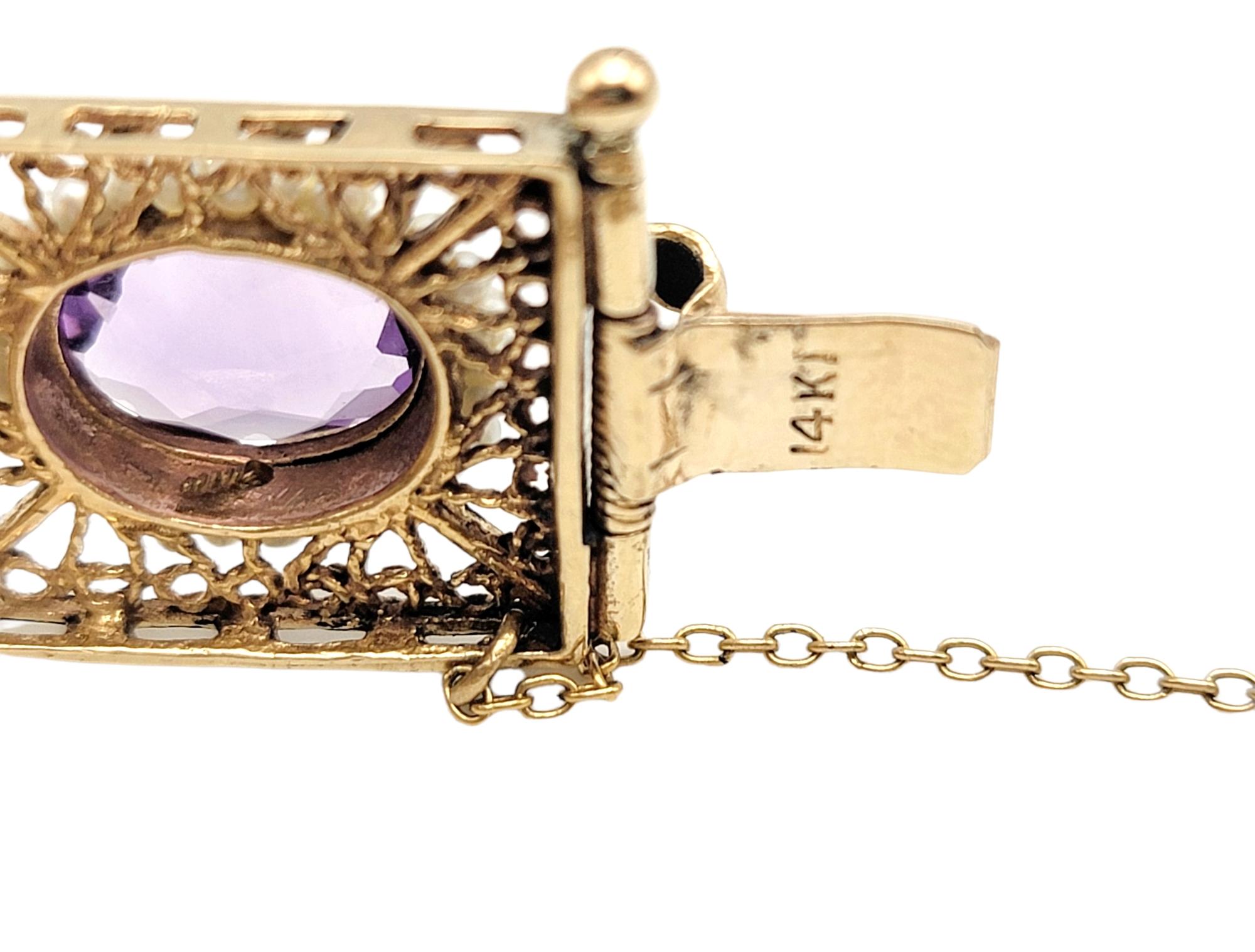 Women's Vintage Oval Cut Amethyst and Seed Pearl Halo Filigree Rectangle Link Bracelet