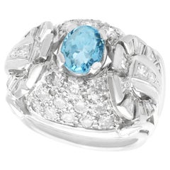 Bague vintage aigue-marine taille ovale et diamants en palladium