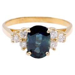 Anillo Vintage Zafiro Azul Corte Oval Diamante Oro Amarillo 18K
