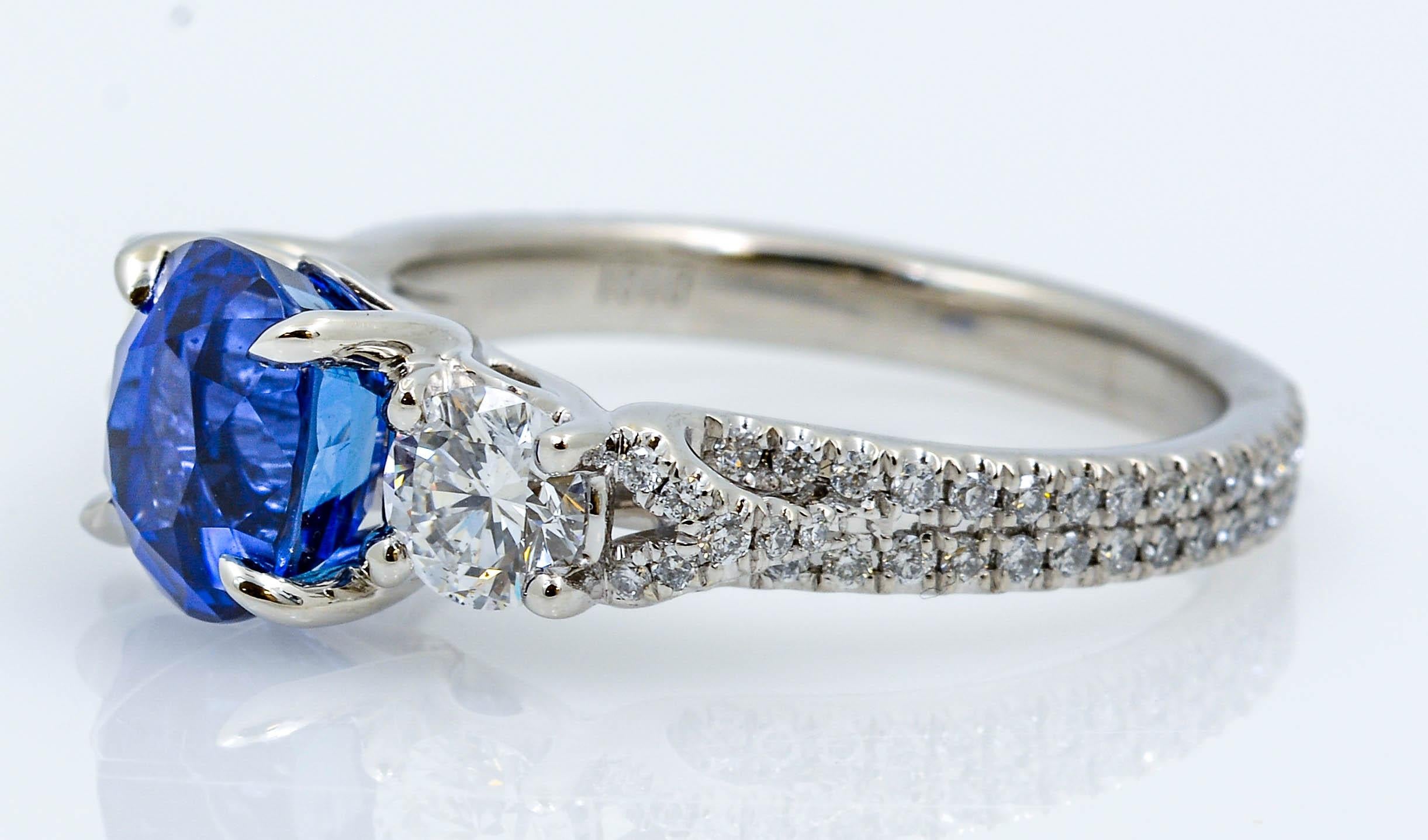No Heat Oval Cut Blue Sapphire, Platinum, and Diamond Ring In Excellent Condition In Dallas, TX
