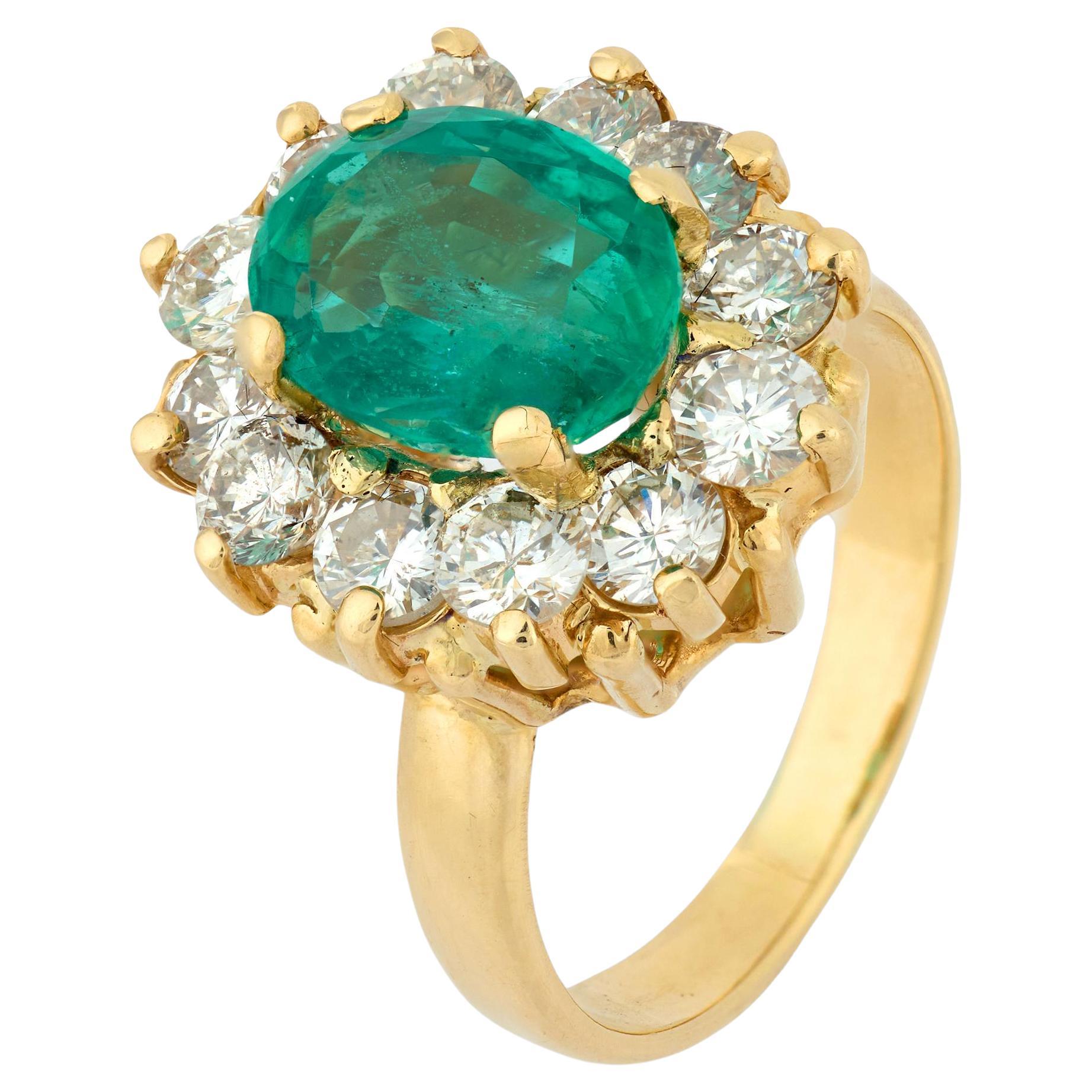 Vintage oval cut emerald diamond 14k yellow gold engagement ring