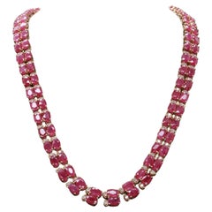 Vintage Oval Cut Ruby Diamonds Necklace, 18K Gold Necklace For Her