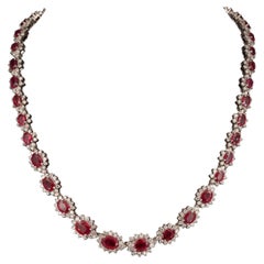 Vintage Oval Cut Ruby Diamonds Necklace, Ruby Diamond Necklace