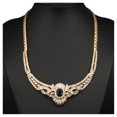 Vintage Oval Cut Sapphire Diamonds Necklace, 18K Gold