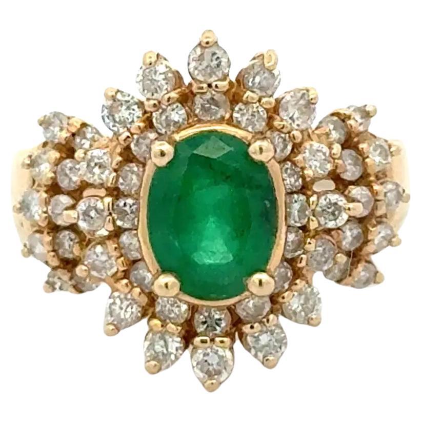 Vintage Oval Emerald and Diamond Double Halo Gold Cocktail Ring
