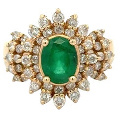 Vintage Oval Emerald and Diamond Double Halo Gold Cocktail Ring