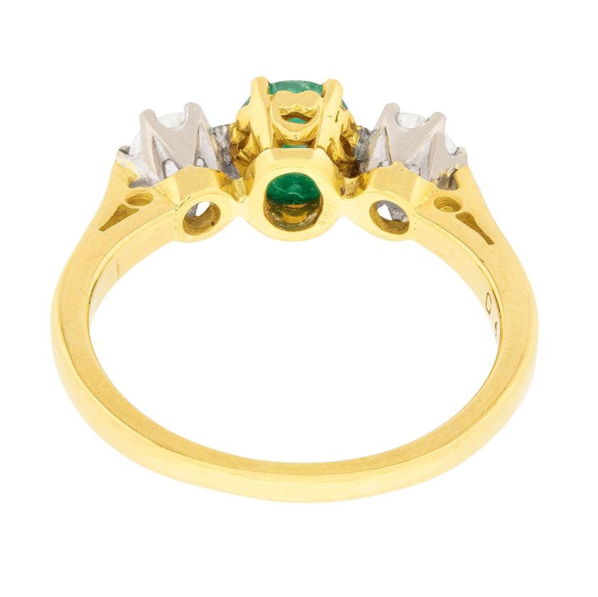 Women's or Men's Vintage Oval Emerald and Diamond Three-Stone Ring, circa 1970s