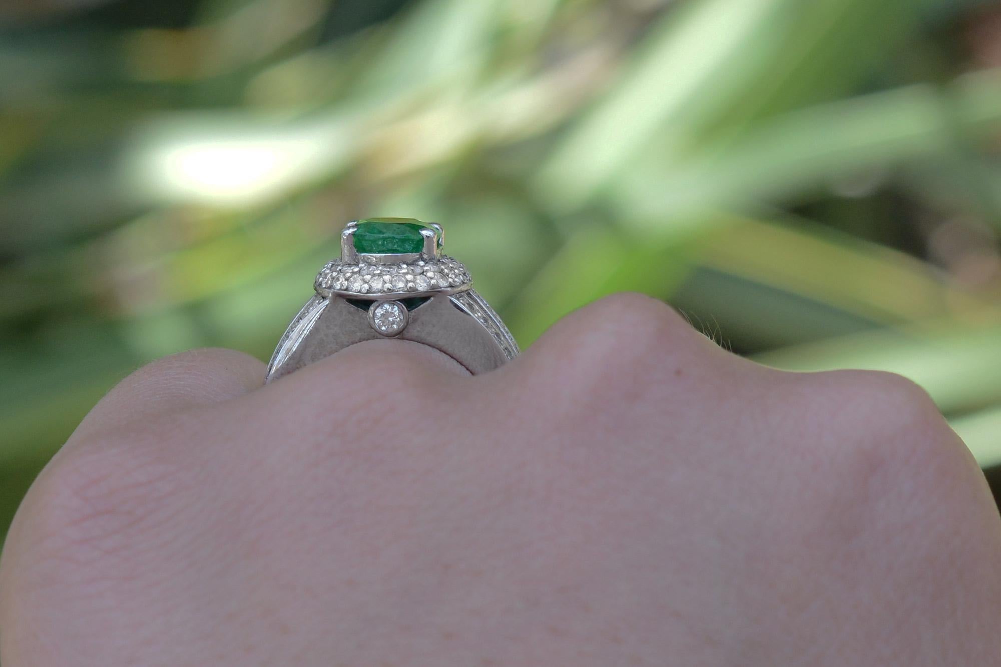 Oval Cut Vintage Oval Emerald and Diamond Wide 3 Band Ring For Sale