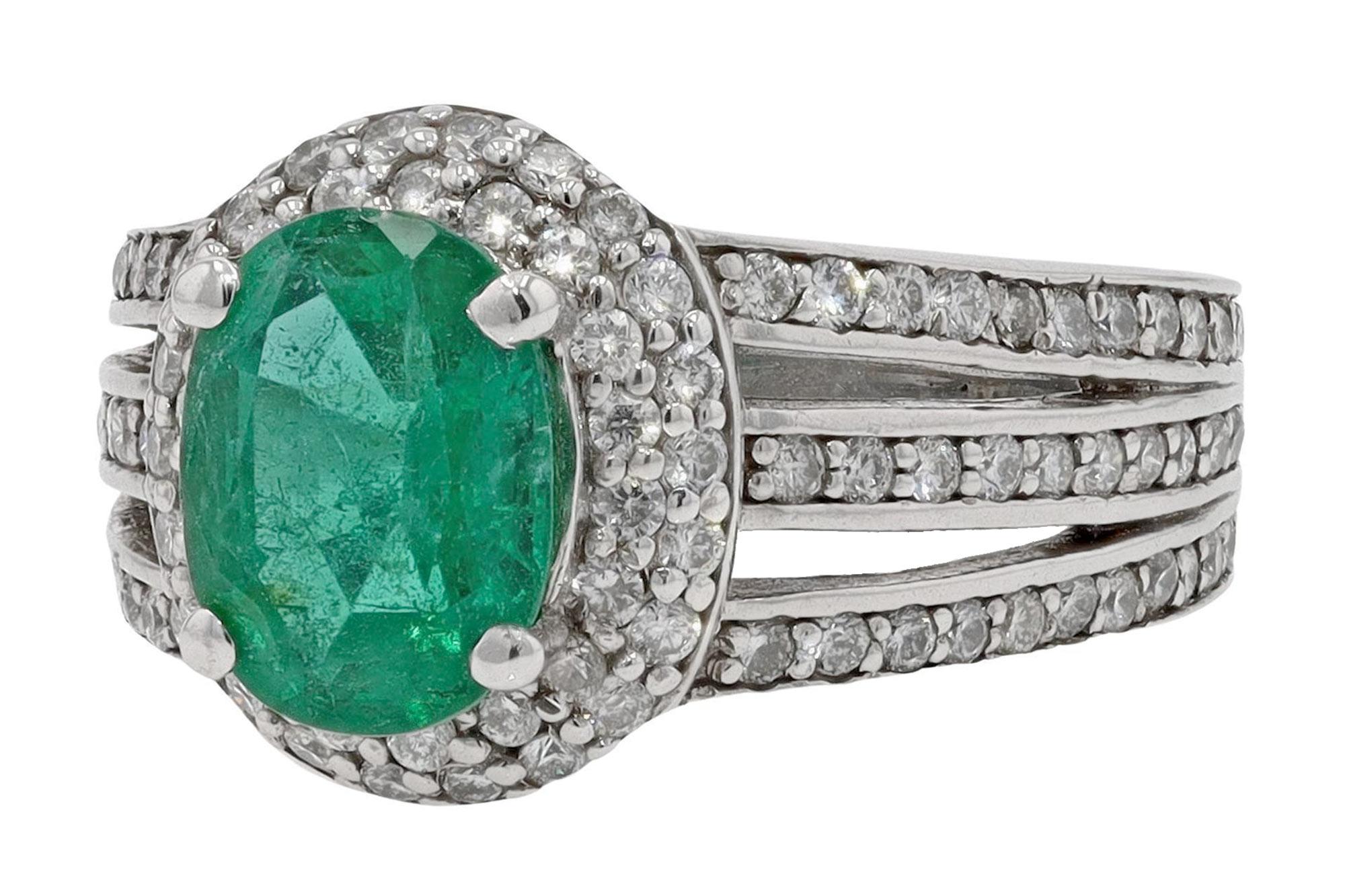 Vintage Oval Emerald and Diamond Wide 3 Band Ring In Good Condition For Sale In Santa Barbara, CA