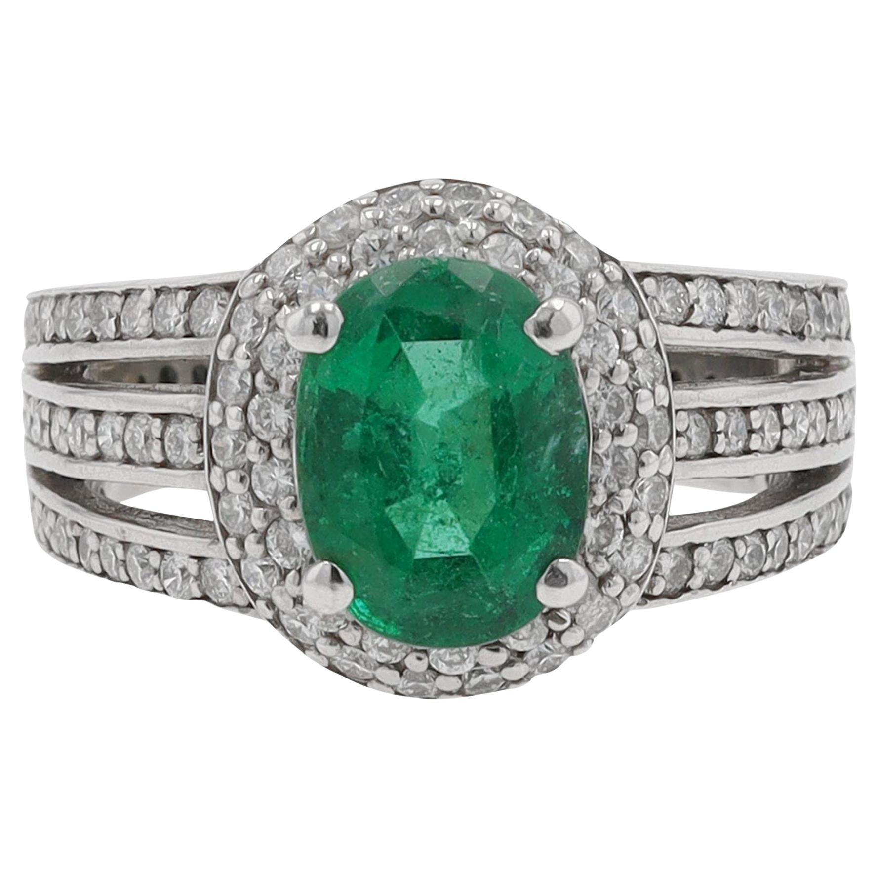 Vintage Oval Emerald and Diamond Wide 3 Band Ring For Sale