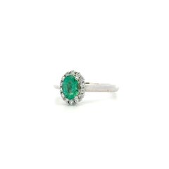 Vintage Oval Emerald and RBC Diamond Gold Halo Solitaire Cocktail Ring