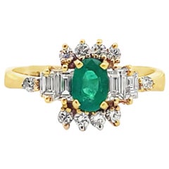 Vintage Oval Emerald Cocktail Ring 18K Yellow Gold, Baguette & Round Diamonds