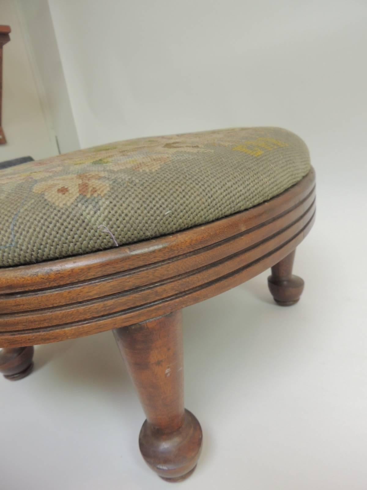 European Vintage Oval Footstool with Floral Tapestry Upholstery
