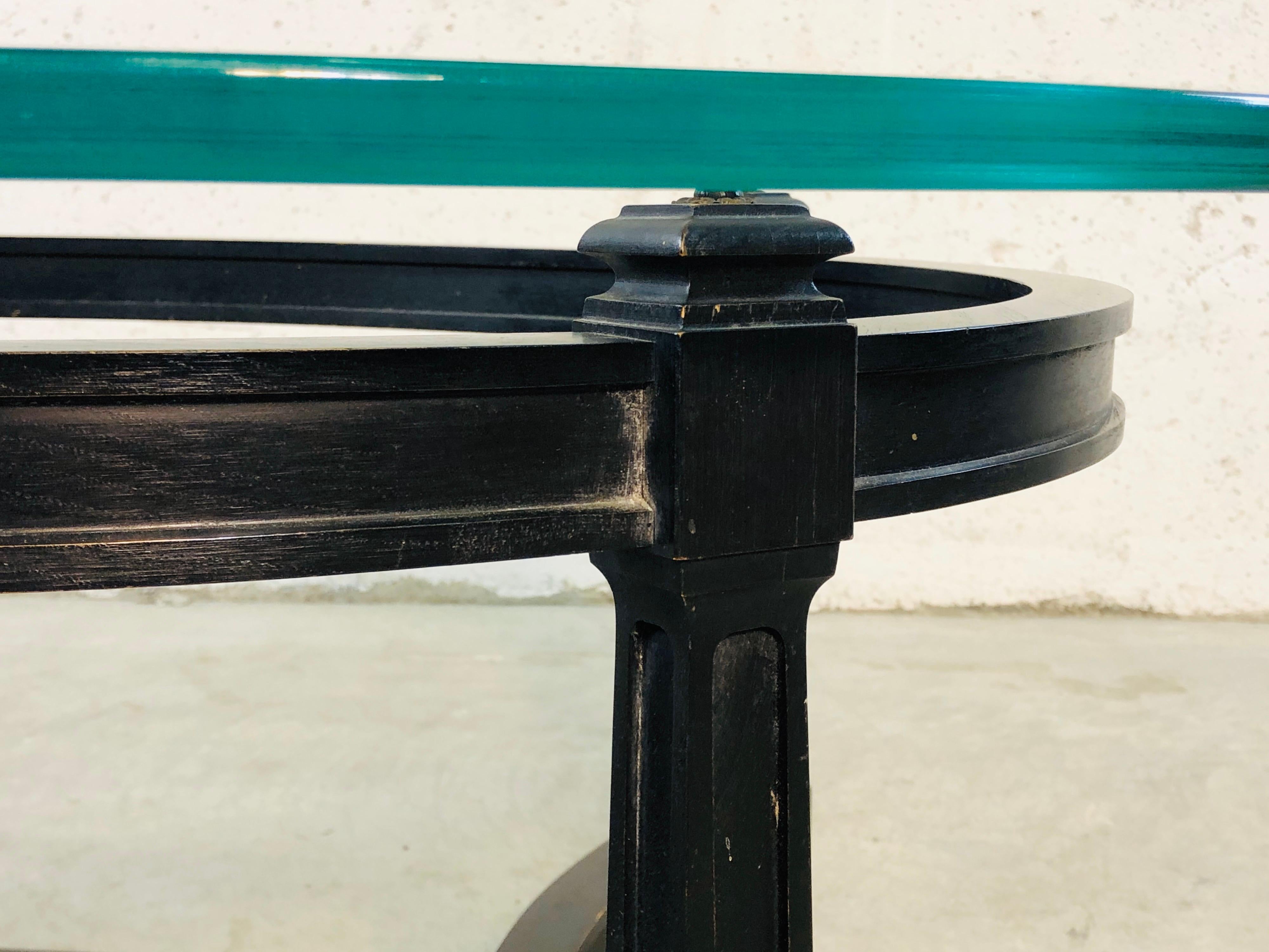 Vintage Oval Glass Top and Black Wood Coffee Table In Good Condition In Amherst, NH