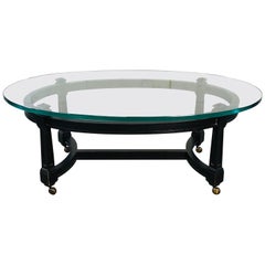 Vintage Oval Glass Top and Black Wood Coffee Table