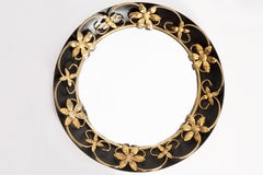 Vintage Oval Gold and Black Decorative Mirror in Flowers Frame, Italy, 1960s