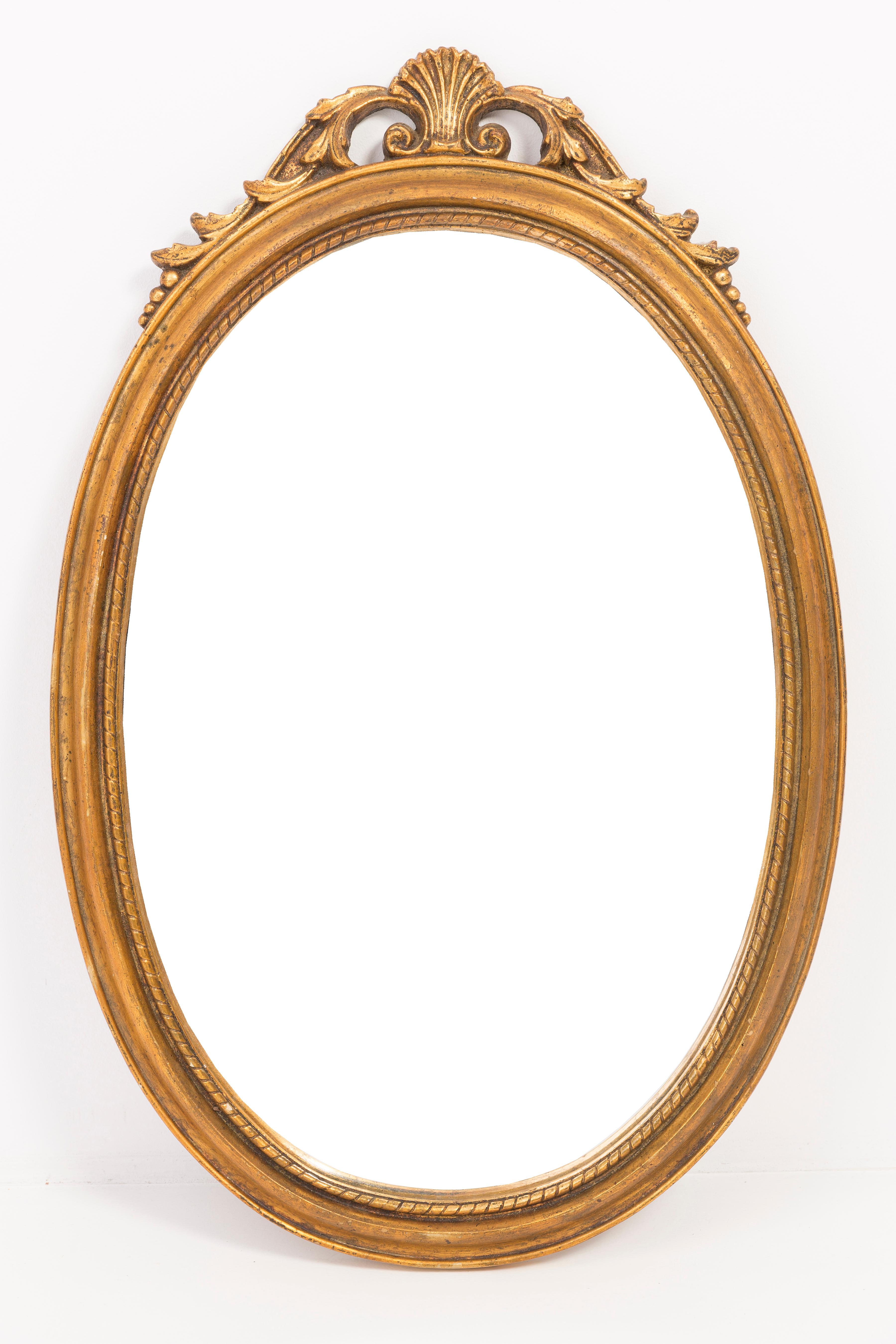 Vintage Wall Oval Mirror wood ornate Frame Gold Gilt Bronze Baroque solid frame Belgium Mirror