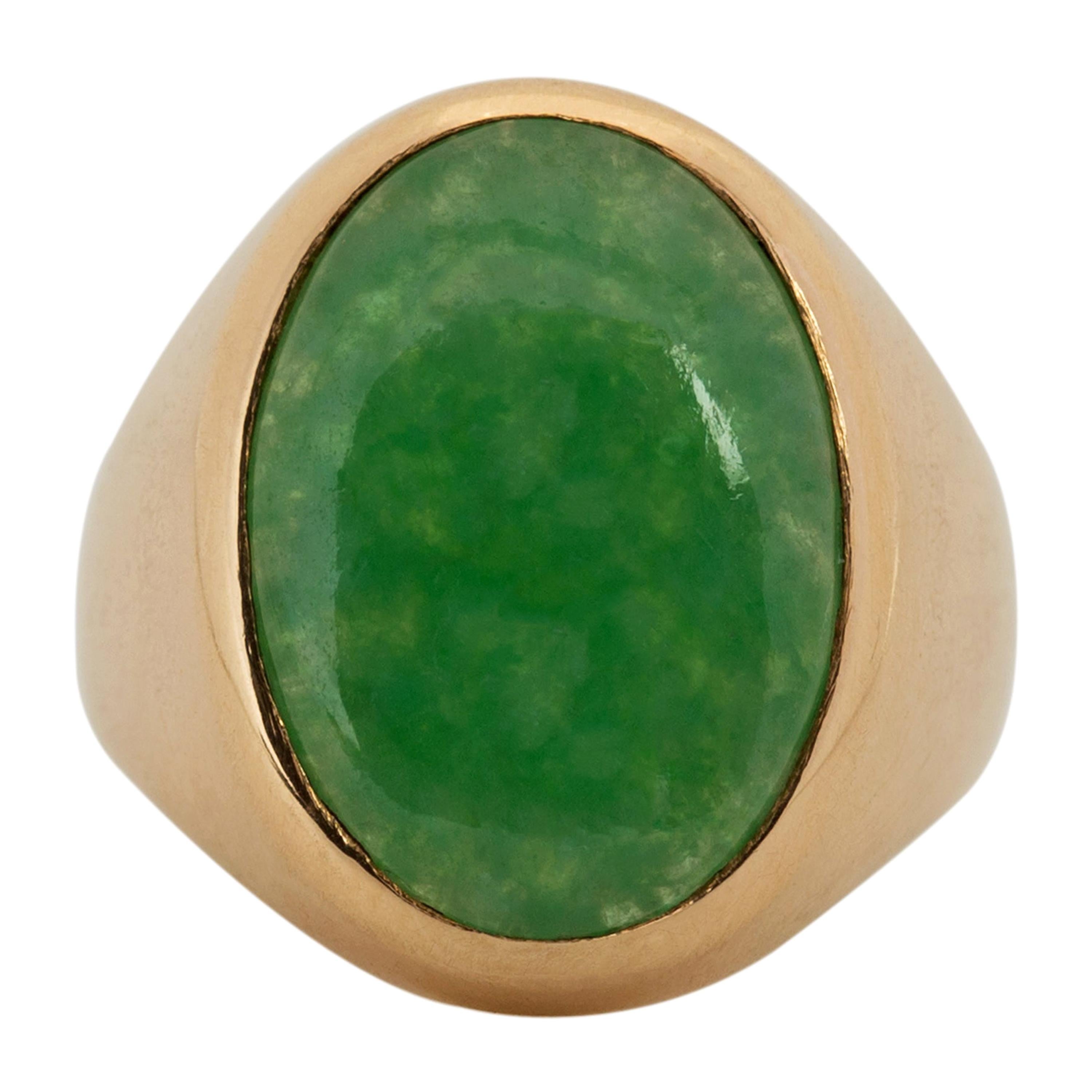 Bague vintage en or jaune 14 carats avec jadéite verte ovale et jade