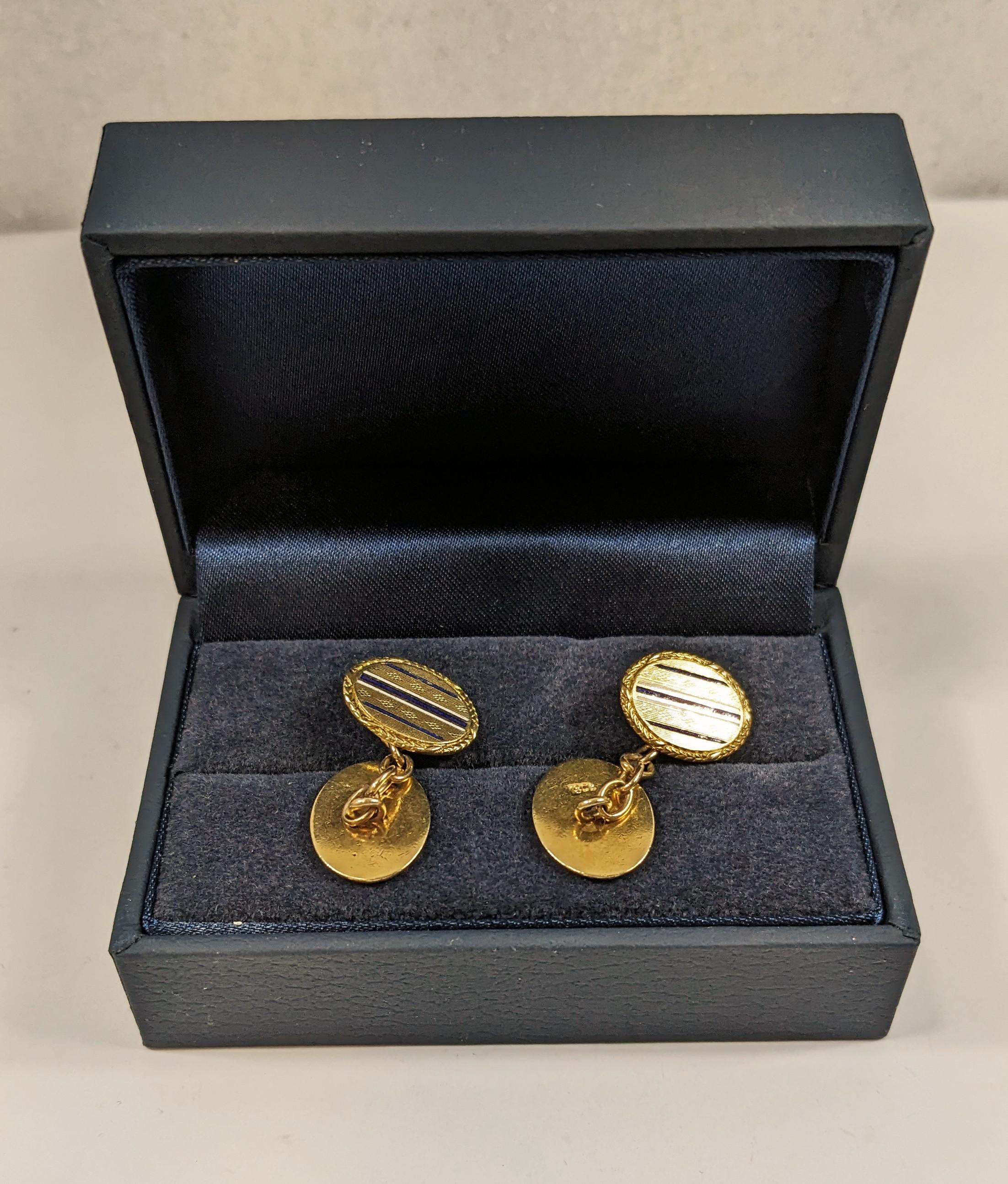 Manschettenknöpfe aus 18 Karat Gelbgold mit ovalem Guilloche und blauer Emaille (Art déco) im Angebot