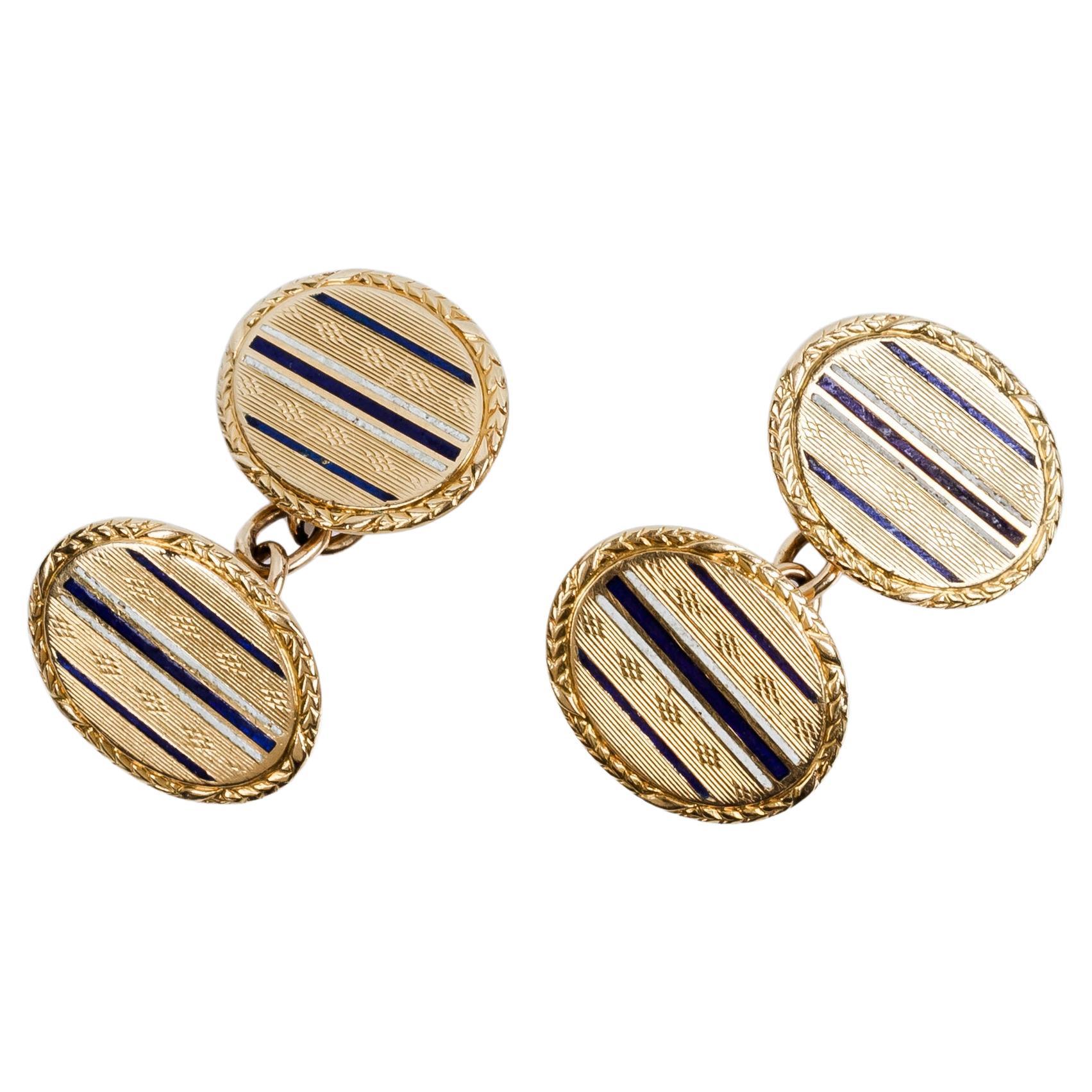 Vintage Oval Guilloche and blue enamel 18k Yellow Gold Cufflinks For Sale