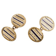Vintage Oval Guilloche and blue enamel 18k Yellow Gold Cufflinks
