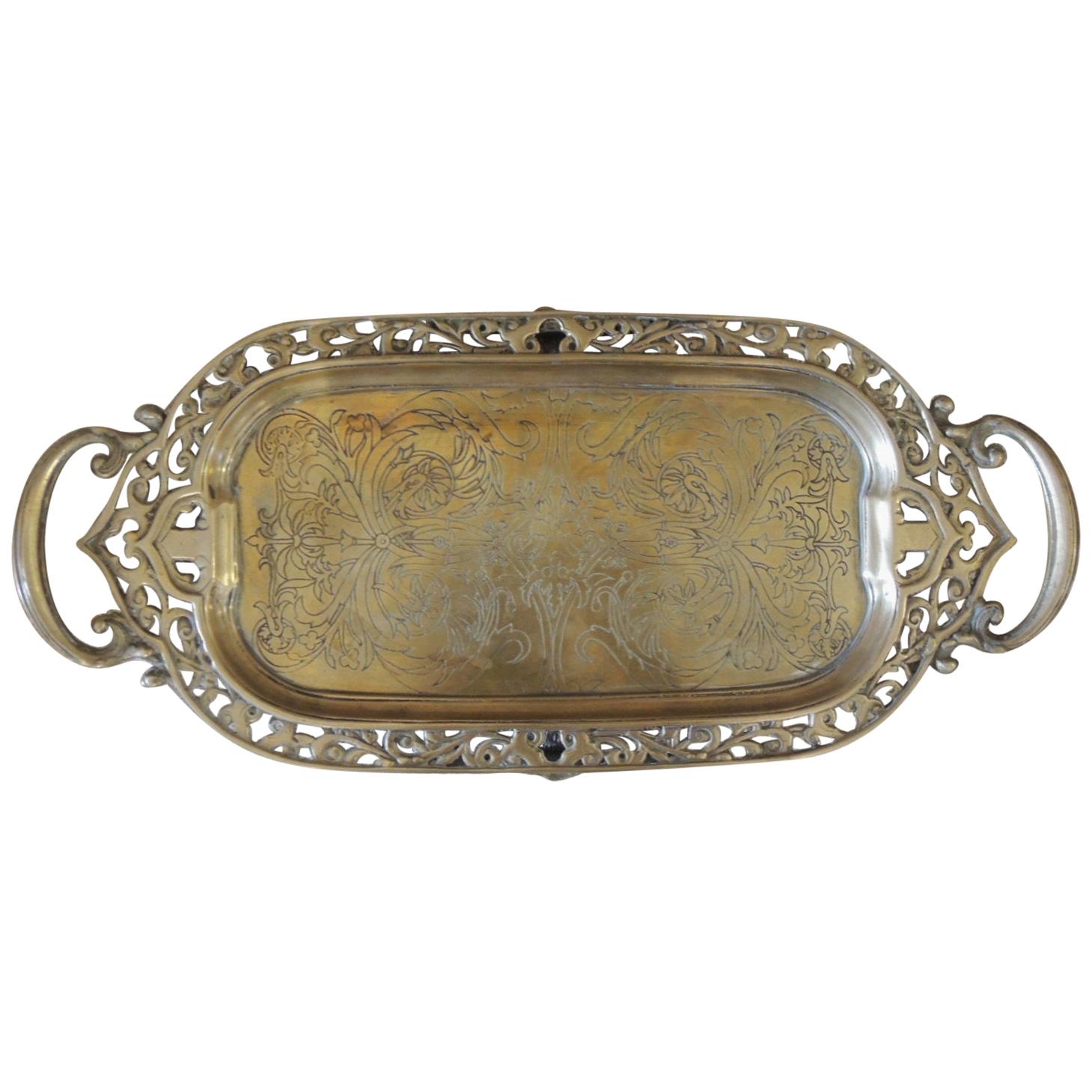 Vintage Oval Indian Brass Decorative Tray with Handles