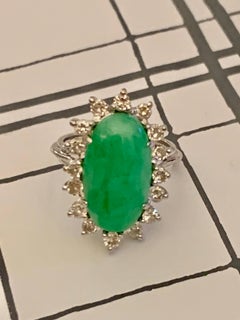 Vintage Oval Jadeite and Diamond 18 Karat White Gold Ring