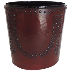 Vintage Oval Leather Wastebasket with Nailheads Embellishments