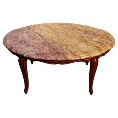 Vintage oval Marble and Wood Coffee Table-CherryWood Cocktail Table-Lounge Table