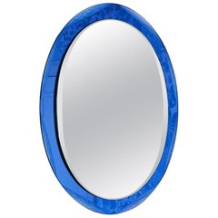 Vintage Oval Mirror with Blue Tinted Glass Frame, Italy, 1960s