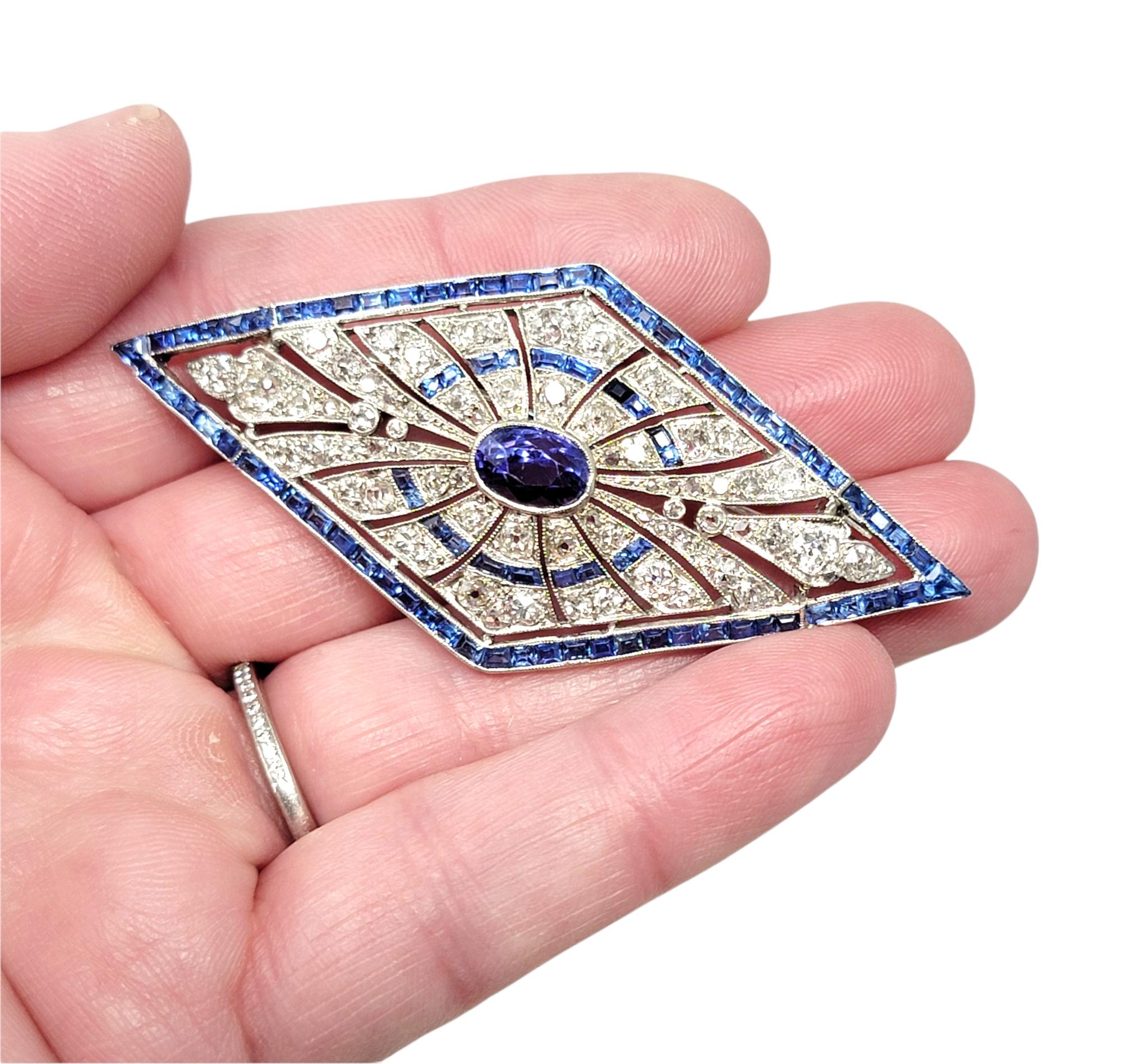 Vintage Oval Mixed Cut Sapphire and Diamond Brooch in Platinum 8.20 Carats Total For Sale 4